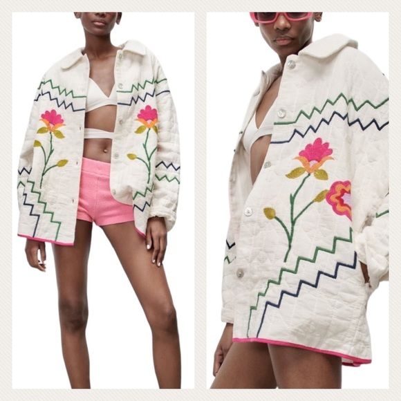 Zara Jackets & Blazers - Zara Ecru White Embroidered Floral Jacket Size Women XS - S